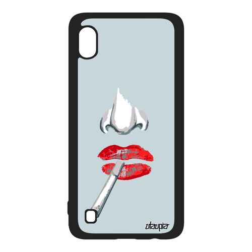 Coque silicone pour Samsung Galaxy A10 femme cigarette unique art love alu femme bouche mobile fatale portable bisou rouge housse de