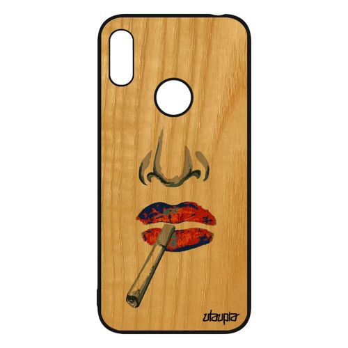 Coque pour Y6 2019 bois silicone portrait pas cher housse levres femme dessin cigarette jaune bouche MRD-LX1 bisou abstrait Huawei