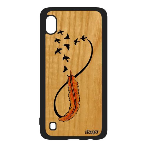 Coque Silicone De Protection Samsung Galaxy A10 En Bois Et Infini Design Sans Fin Plume Jaune Amour 4g Case Nuage Oiseau