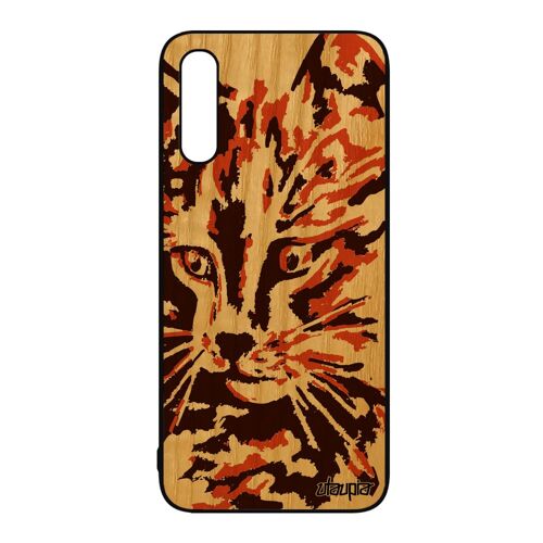 Coque silicone pour A50 en bois naturel veritable chat antichoc de luxe peinture petit mobile design chaton marron Samsung galaxy