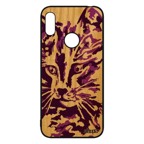 Coque Bois Pour Huawei Y6 2019 Silicone Chat Noir Felin Petit Chaton Mobile Art Etui Rose Mignon Motif Peinture Couleur Fille De