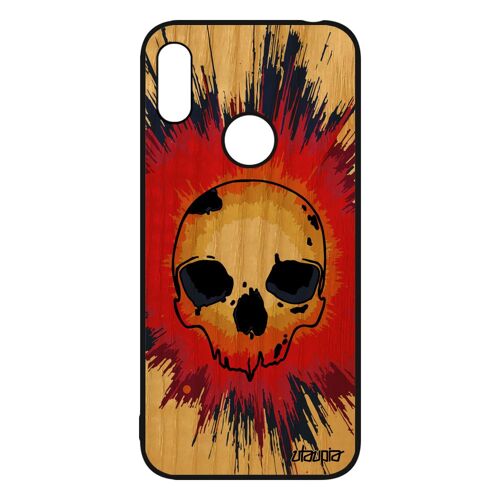 Coque tete de mort Huawei Y6 2019 en bois silicone de protection street art rock unique Orange mobile biker coloré horreur squelette