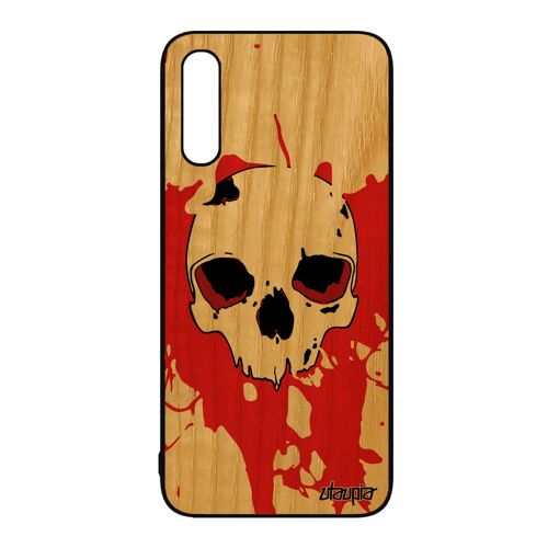 Coque tete de mort Samsung A50 en bois silicone techno case sang etui biker squelette street art Rouge os crane personnalisé galaxy