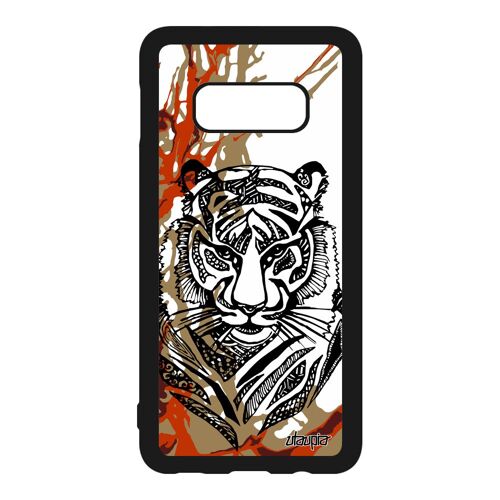 Coque Samsung Galaxy S10e silicone tigre couleur afrique homme animal arbre smartphone art metal dessin unique Marron peinture fauve