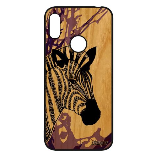 Coque Y6 2019 bois veritable silicone zebre cheval motif tribal case dessin personnalisé azteque peinture animal Violet etui Huawei