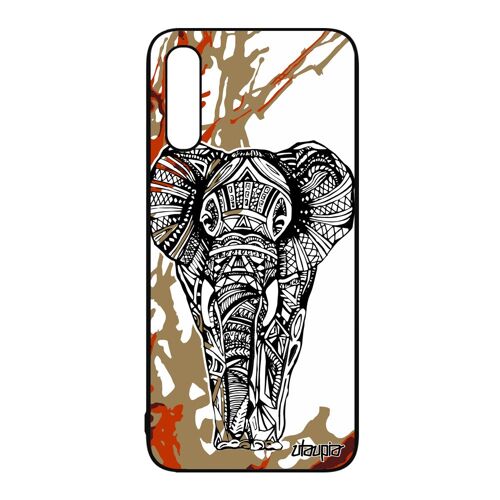Coque pour Samsung Galaxy A50 silicone elephant ganesh d'afrique motif peinture azteque Marron dessin tribal 4G arbre made in France