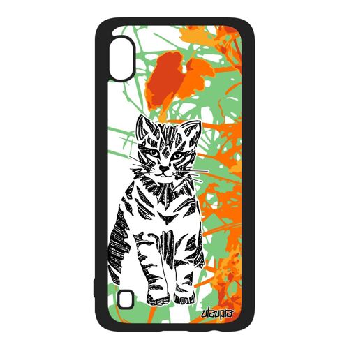 Coque silicone pour Galaxy A10 chat animaux homme mignon jolie tribal petit noir design chaton dessin fleur feuilles nature Samsung