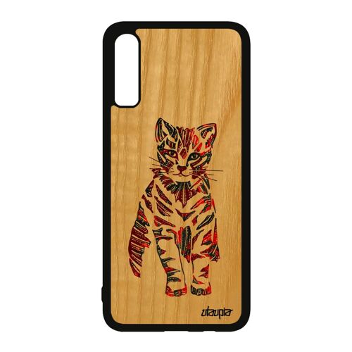 Coque Galaxy A70 bois silicone chat cadeau multicolore ethnique original petit mignon Rouge chaton antichoc telephone animal Samsung
