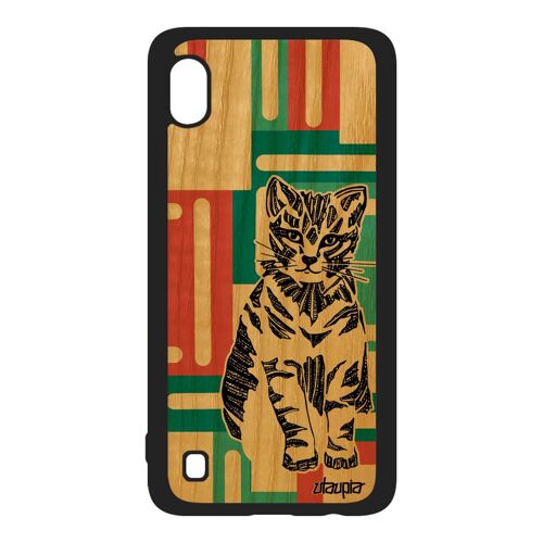 Coque Rigide Pour Samsung A10 Bois Silicone Chat Geometrique Felin Etui Mignon Ethnique Petit Homme Vert Fantaisie Pas Cher Galaxy