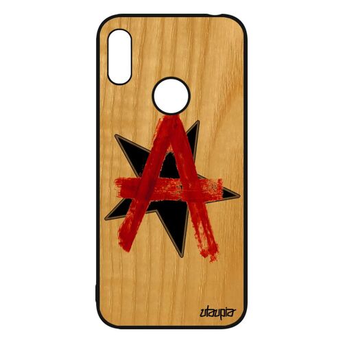 Coque en bois telephone Huawei Y6 2019 silicone anarchie etui rock etoile punk ni dieu ni maitre Noir noir urbain smartphone logo de