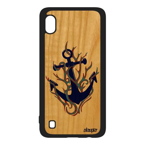 Coque Samsung Galaxy A10 En Bois Veritable Silicone Ancre Noir De Bateau Rigide Ocean Crayon Old School De Luxe Frêne Bleu Couleur