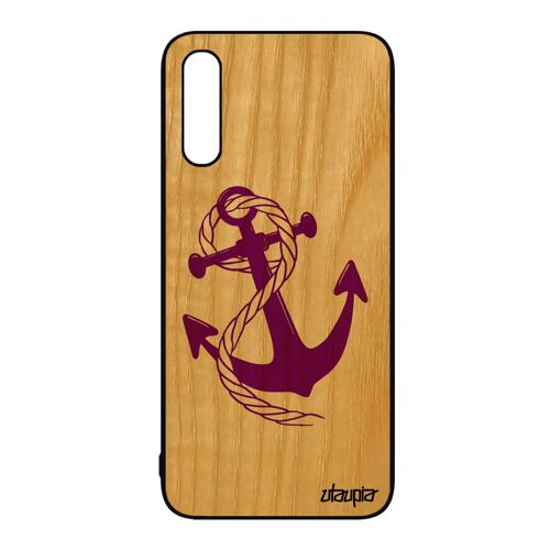 Coque silicone rigide Samsung A50 bois ancre corde marinière Violet de protection nud femme bumper marine de bateau chaine galaxy