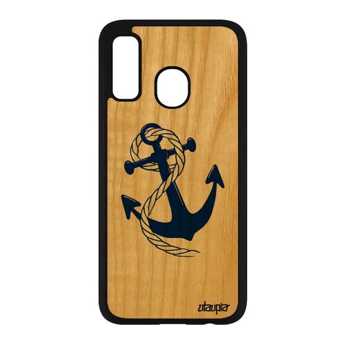 Coque Silicone A40 En Bois Veritable Ancre Bleu Rayé Noir De Bateau Corde NUd De Protection Fantaisie Personnalisé Samsung Galaxy