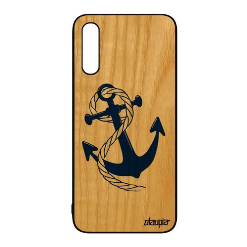 Coque en bois pour Samsung A50 silicone ancre Bleu de bateau nud fantaisie de protection portable rayé corde made in France galaxy