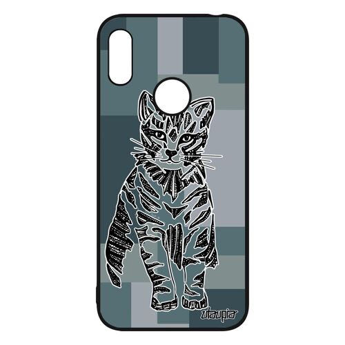 Coque silicone Huawei Y6 2019 chat garcon case petit azteque chaton tigré Gris de luxe animal etui smartphone geometrique dessin TPU