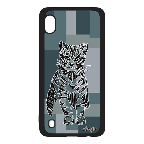 Coque Samsung Galaxy A10 silicone chat cube azteque ethnique mignon garcon tribal chaton tigré Gris carré etui personnalisé petit de