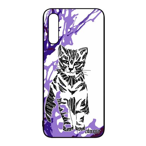 Coque A50 silicone chat Violet tigré animal fantaisie telephone petit minou azteque tribal femme de protection chaton Samsung galaxy