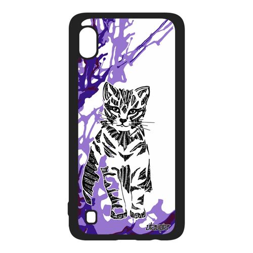Coque Silicone Chat Galaxy A10 Tribal Art Noir Telephone Fantaisie Dessin Animal Ethnique Arbre Tigré Violet Azteque Petit Samsung