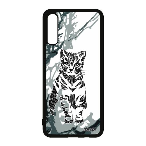 Coque pour A70 silicone chat felin art ethnique original chaton personnalisé azteque peinture Gris petit dessin arbre Samsung galaxy