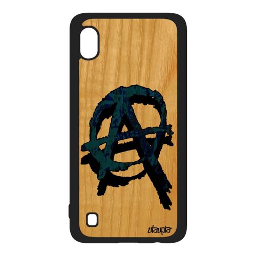 Coque bois Samsung A10 silicone anarchie anarchiste tattoo etui street art tague Motif rock solide punk Bleu hardrock 4G case galaxy