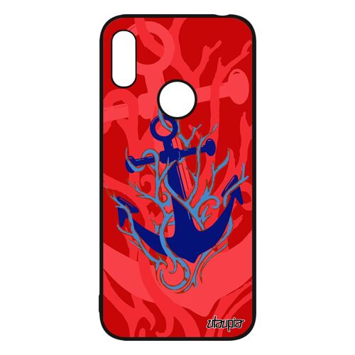 Coque silicone Huawei Y6 2019 ancre feu old school tatouage de bateau mer mobile marine vegetale cadeau de noel noir artistique case