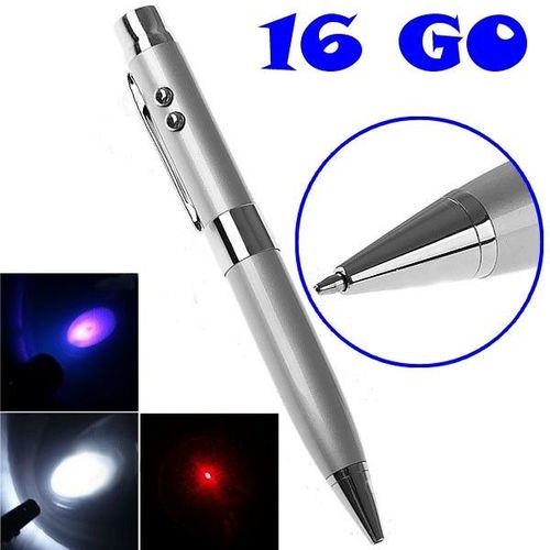 Stylo 5 en 1 clé USB 16 Go + pointeur laser + lampe de poche à led + UV - Argent