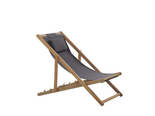 Transat Type Chilienne En Bois D'acacia Et Tissu Gris Avec Appui-Tête