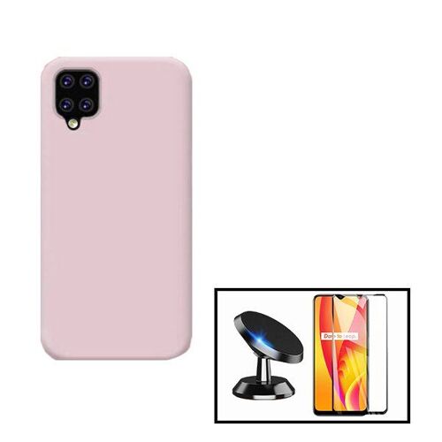Kit Film de Verre Trempé 5D à Couverture Complète + Coque en Silicone Liquide + Support Magnétique de Voiture pour Samsung Galaxy A12 Nacho - Rose