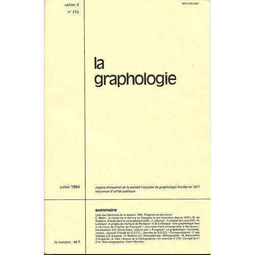 La Graphologie N° 215 - Cahier 3 - Juillet 1994