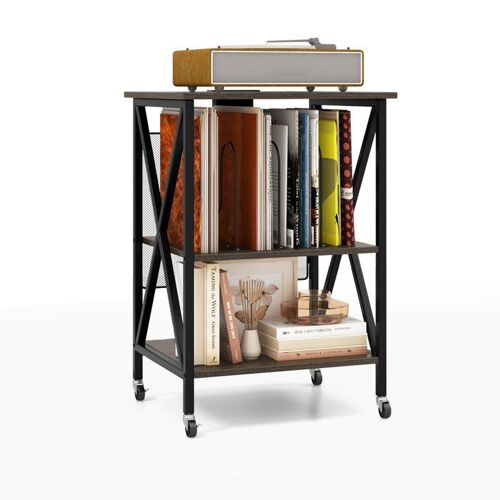 Meuble de Rangement Tourne-disque COSTWAY Station de Charge Intégrée&Table d'Appoint en Métal, pour Bureau&Salon 45x40x34CM Gris
