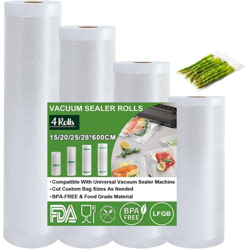 Sachet Sous Vide Alimentaire, 15/20/25/28x600cm 4 Rouleaux Film Sous Vide Alimentaire, Approuvé par la FDA, LFGB, Rouleau Sous Vide Alimentaire, Sac Congelation Sous Vide, Sans BPA