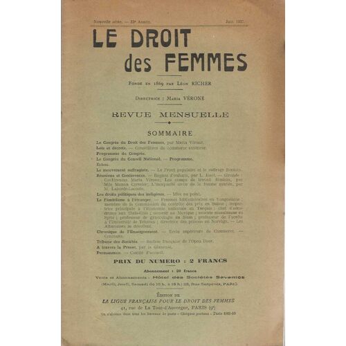 Le Droit Des Femmes, Revue Mensuelle, 33e Année  Juin 1937