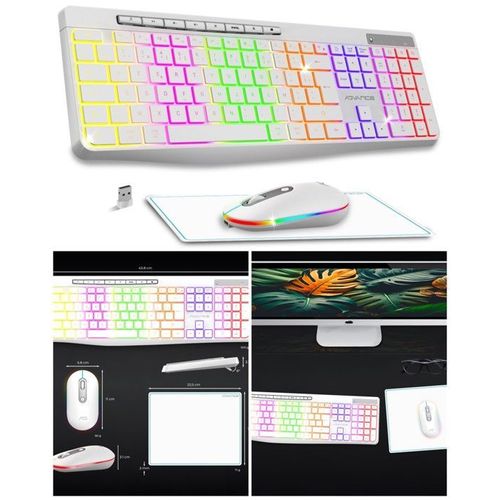 Clavier sans fil Blanc RF 2.4GHz LEDS RGB Compatible MAC Windows AZERTY IPX4 ETANCHE + Souris sans fil 1600dpi + Tapis souris