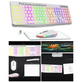 Clavier sans fil Blanc RF 2.4GHz LEDS RGB Compatible MAC Windows AZERTY IPX4 ETANCHE + Souris sans fil 1600dpi + Tapis souris