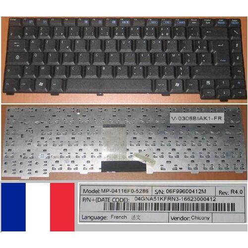 Clavier Azerty Français / French Pour ASUS A3 A6 A9 Z81 Z9 Z91 A3000 A6000 Series, Noir / Black, Model: V0306BIAK1, MP-04116F0-5286, P/N: 04GNA51KFRN3