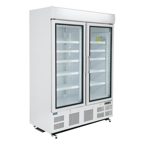 Vitrine négative ventilée 920 Litres, 2 portes vitrées, avec bandeau lumineux, blanche, 1100 W, 220 V - MONO