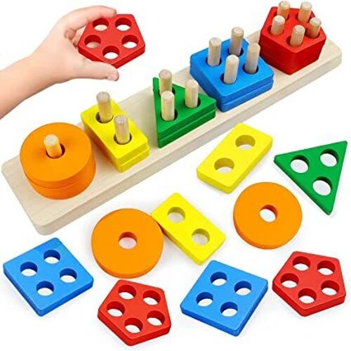 Jouets De Développement Pour 2 3 4+ Ans, Jouets En Bois Formes À Trier Empiler Jeu De Tri Couleurs, Montessori Puzzles Bois En Jouets D''apprentissage Géométriques Pour Enfants (5 Set)