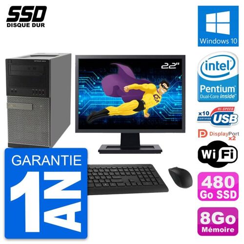 PC Tour Dell OptiPlex 9010 Ecran 22" G630 RAM 8Go SSD 480Go Windows 10 Wifi