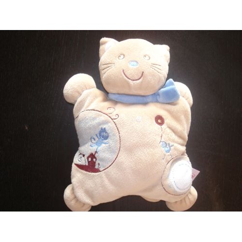Doudou Semi Plat Chat Beige Brodé - Pommette - 25 Cm Haut