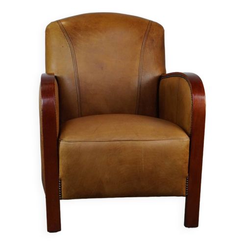 Fauteuil Design Art Dco Luxueux En Cuir De Vachette Avec Accoudoirs En Bois Et Cuir Couleur Cognac Marron