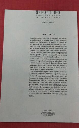 Sixtus Revue Numéro 10 "Alain Robinet - La Qu'une" Sixtus, 1996.