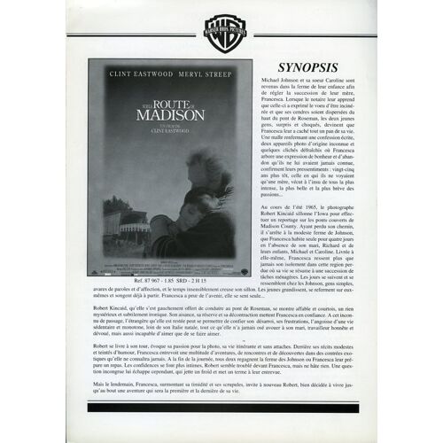 Sur La Route De Madison, Synopsis Dépliant, De & Avec Clint Eastwood Avec Meryl Streep, Annie Corley