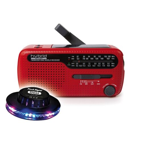 RADIO PORTABLE MH-07-RED - Coloris rouge - Alimentation par dynamo et énergie solaire, Multi-gammes FM/MW/SW1/SW2, OVNI LED