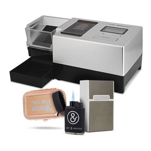 PACK Voyage : Tubeuse Powermatic 5 + Boîte à Cigarettes Personnalisable Noire + Briquet Torche Art & Volutes Noir + Cendrier de Poche Smoking Offert