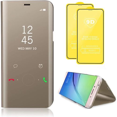 Compatible Avec Coque Samsung Galaxy M11 (Eur) Flip Clear View Translucide Miroir Cover Standing 360°Housse Étui Antichoc Smart Cover Bumper + Film Verre Trempé 2 Pièce-Or