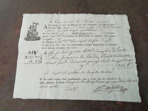 Ancienne Lettre De Connaissement Maritime An 13 Cannes Bel État 20 Cm Sur 14 Cm