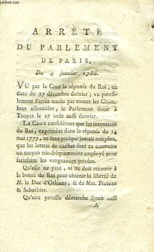 Arrete Du Parlement De Paris, Du 4 Janvier 1788