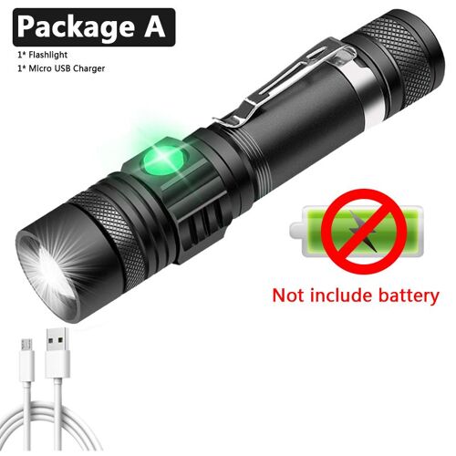 Package A L2-Medium brightness Lampe de poche Ultra lumineuse à lumière LED T6/L2/V6, XP-L perles, torche étanche, Zoomable, 4 Modes d'éclairage, batterie 18650, chargement USB ""Nipseyteko""