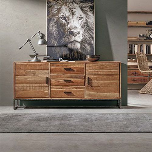 Buffet 2 Portes 3 Tiroirs 175x45x77 Cm En Acacia Et Métal - Nesly