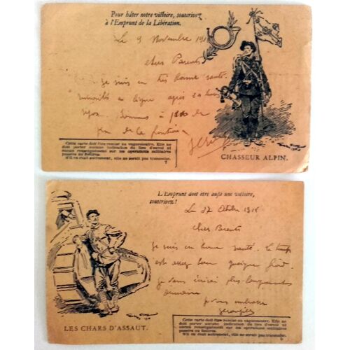 14-18 : Lot 2 Cartes Correspondance Des Armées Modèle Différents "Les Chars D'assaut" Et "Le Chasseur Alpin", Avec Correspondance De Poilus 1918